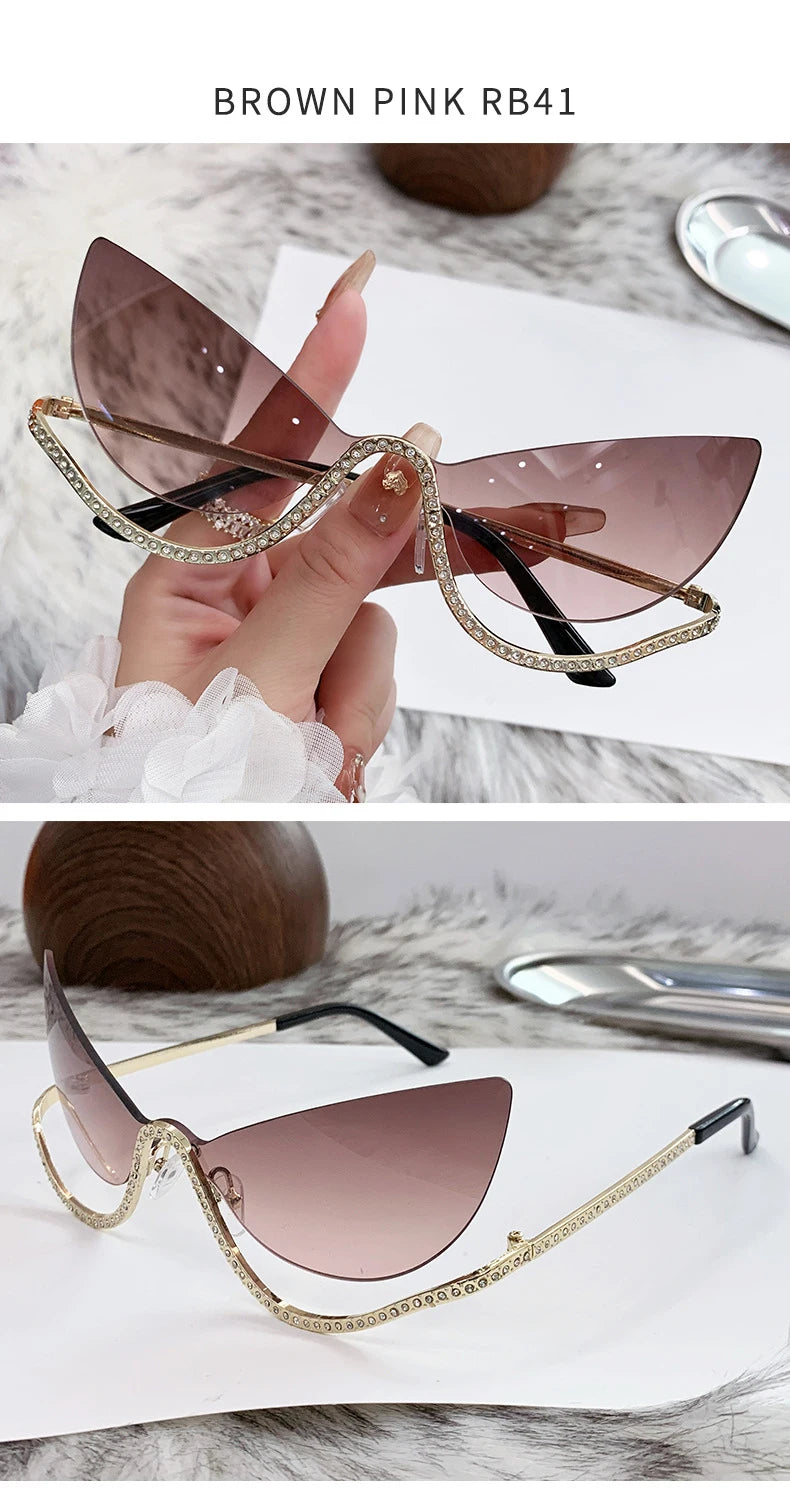Sexy Cat Eye Rhinestone Rimless Sunglasses Women 2025 Luxury Brand Retro Metal Frame Punk Sun Glasses For Ladies Trendy Shades