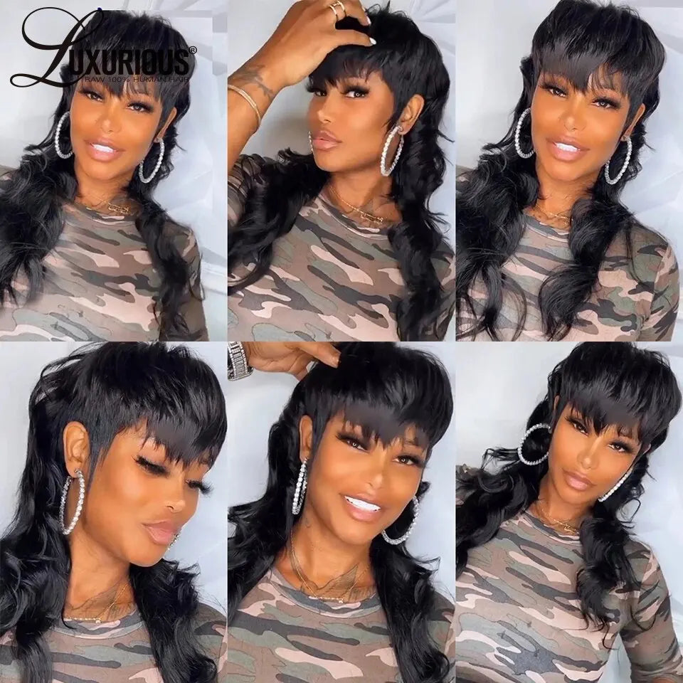 Short Bob Straight Human Hair Wig With Bangs Full Machine Made Long Pixie Cut Wig Glueless 150% Wave Wear And Go Wigs For Women