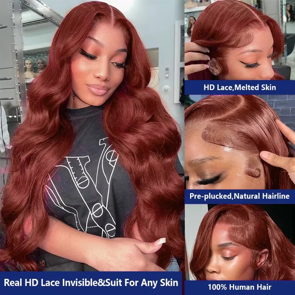 Reddish Brown Body Wave Lace Front Wigs 100% Human Hair 13x6 Lace Frontal Wig Brazilian Pre Plucked 13x4 Dark Red Brown Full Wig