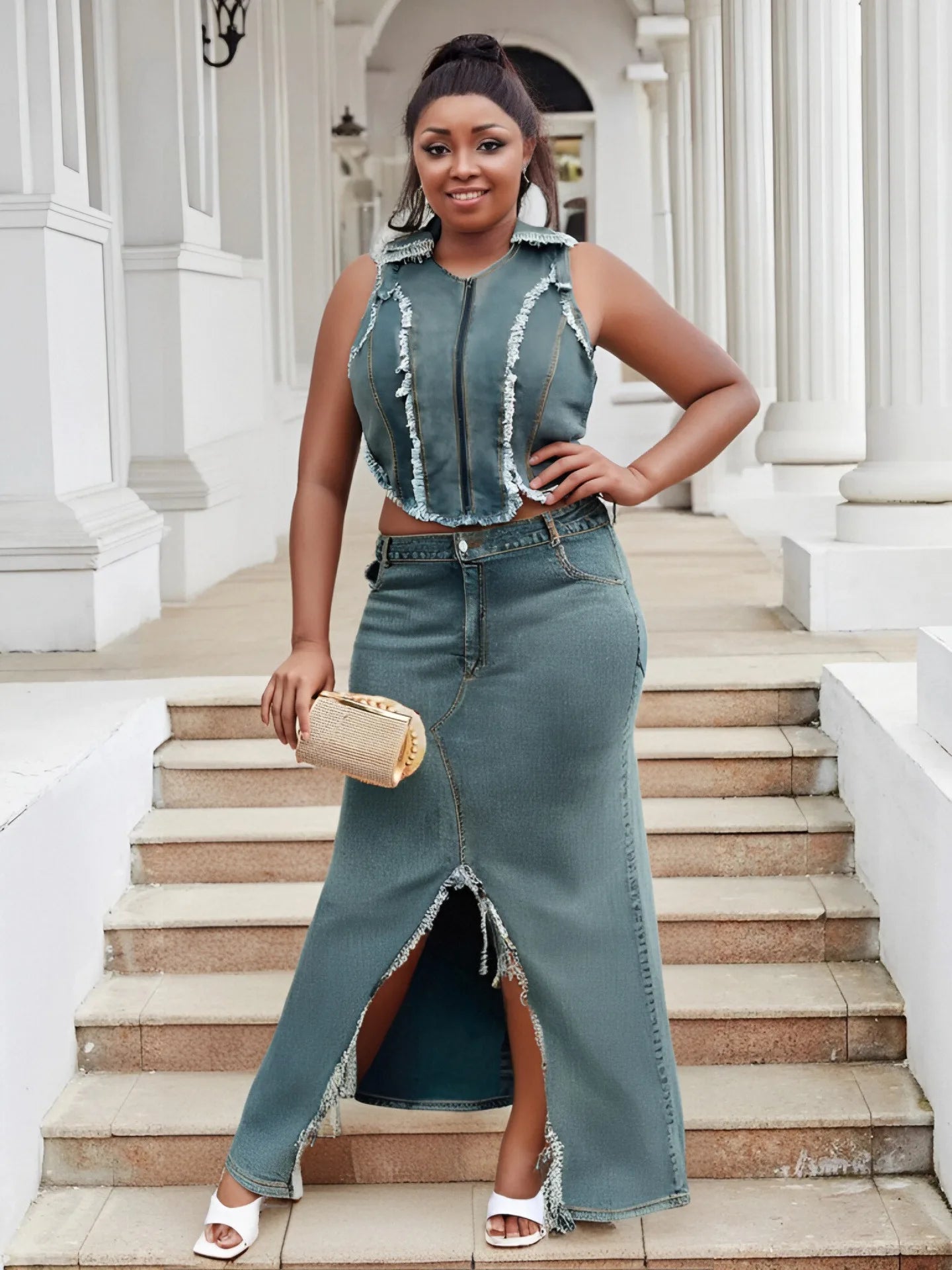 Two Piece Set Plus Size Clothes Summer Autumn V-Neck Sleeveless Denim Top And Maxi Skirt Women Sets Streetwear Office Lady Suit