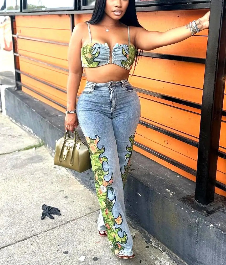 CM.YAYA Fashion Denim Women's Set Spaghetti Strap Crop Top and Wide Leg Jeans Pants Suit 2025 Holiday Two 2 Piece Set Outfit