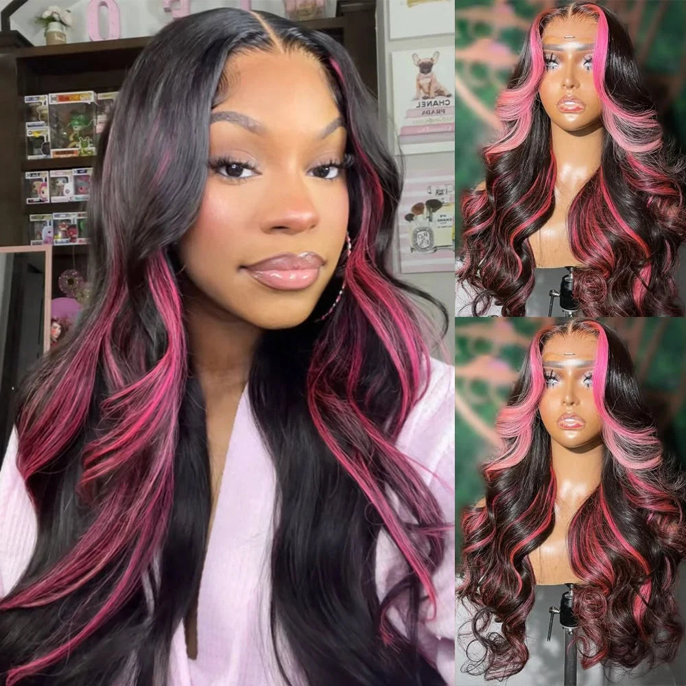 Pink Highlight Colored Lace Front Wig Synthetic Glueless Loose Wave Pre Plucked 13x4 HD Transparent Lace Frontal Wigs For Women