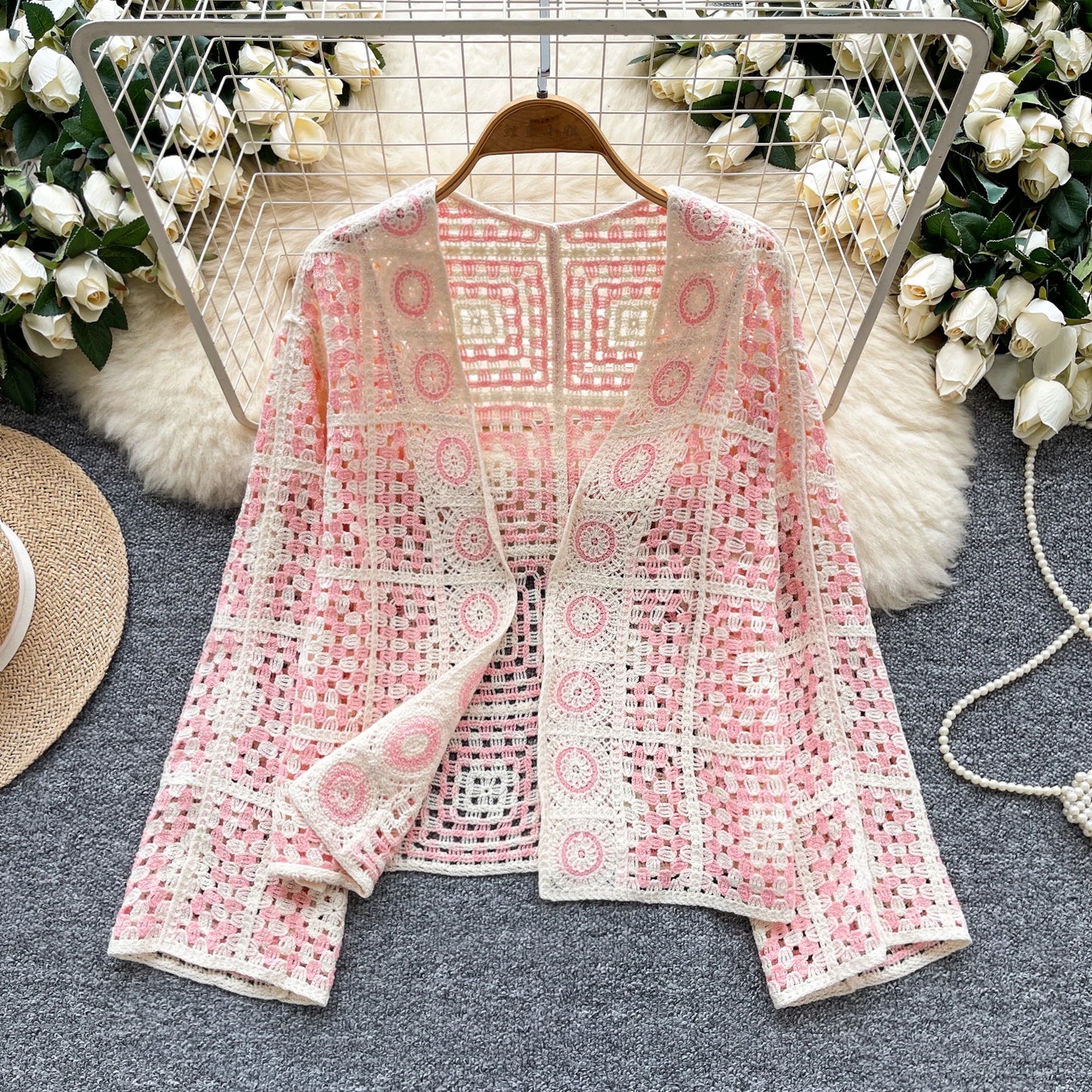 SINGREINY Vintage Boho Loose Plaid Cardigans Female Long Sleeves Hook Flower Hollow Tops 2025 Vacation Sunscreen Casual Shirt