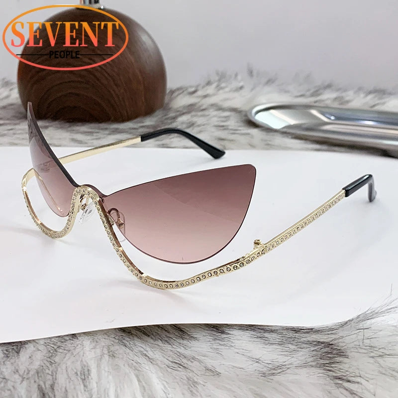 Sexy Cat Eye Rhinestone Rimless Sunglasses Women 2025 Luxury Brand Retro Metal Frame Punk Sun Glasses For Ladies Trendy Shades