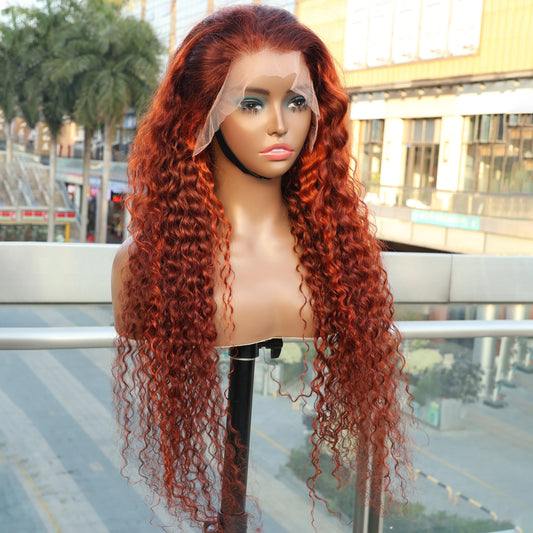 4/350 Highlight Water Wave 13x4 Transparent Lace Frontal Human Hair Wig 220% Ombre Ginger Human Hair Wig Color Curly Wigs 34Inch
