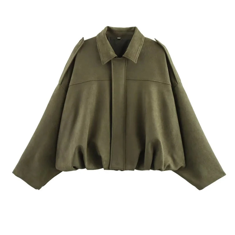 ETJ 2025  Spring new women's suede texture effect Loose version of fashion lapel shoulder bomber jacket