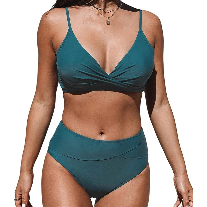 Bikini Set Women's 2 Piece Swimwear Cross Ruched V Neck High Waisted Push Up Bikini 2025 New Beach Vacation Ladies Bathing Suit