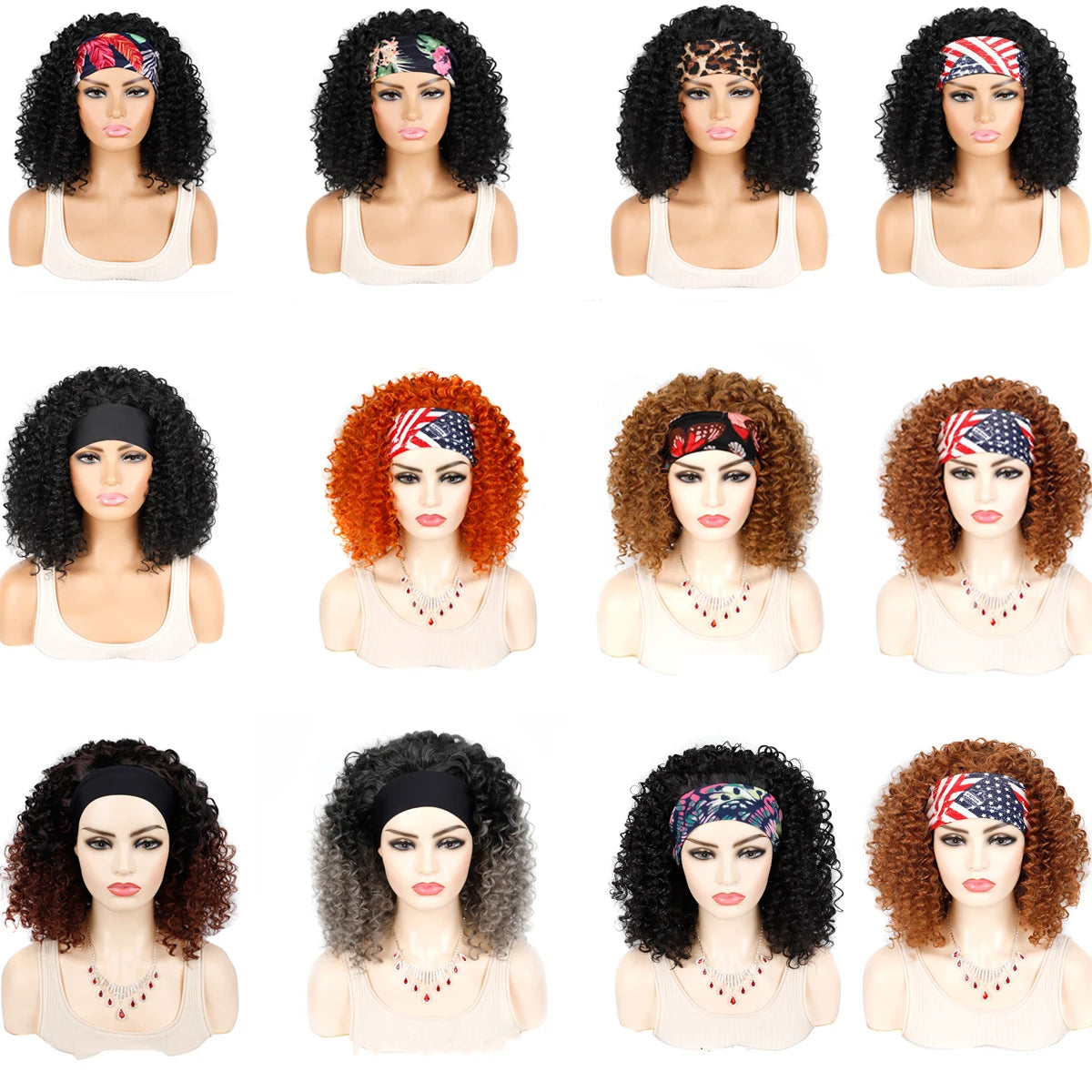18 Inch Kinky Curly Headband Wig Ombre Afro Curly Wig with Scarf Natural Synthetic Fluffy Curly Turban Wigs for Women Cosplay