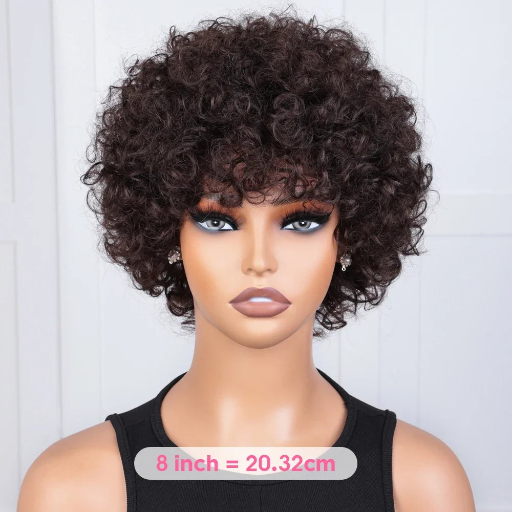 Pixie Short Afro Curly Bob Human Hair Wigs With Bangs For Women Brazilian Remy Hair Put On And Go Natural Brown Kinky Curly Wigs