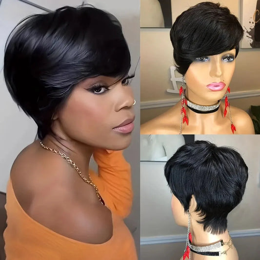 Short Bob Straight Human Hair Wig With Bangs Full Machine Made Long Pixie Cut Wig Glueless 150% Wave Wear And Go Wigs For Women