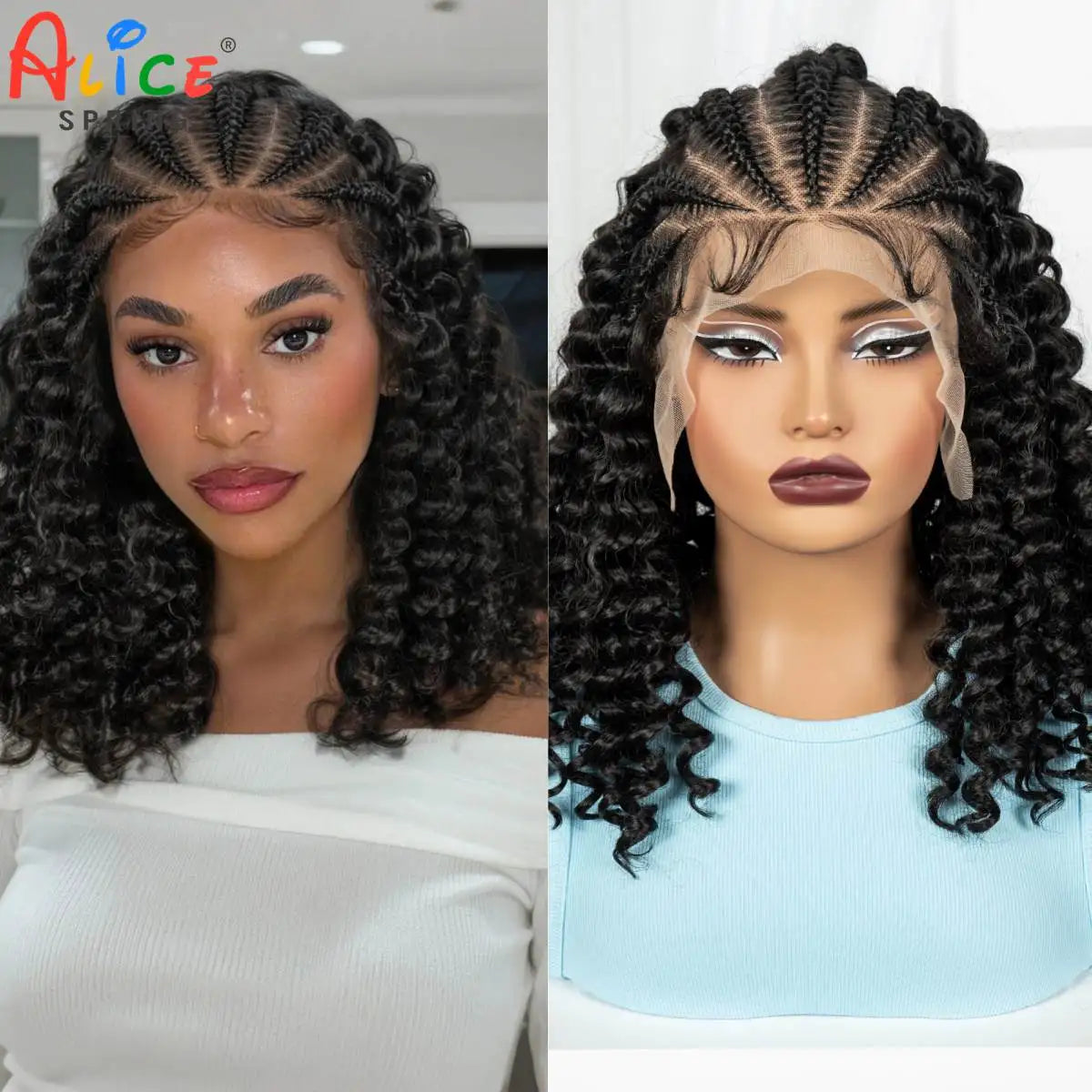 16inch 13x6 Lace Frontal Curly Hair Bob Wigs with Cornrow Braids Synthetic Deep Wave Brazilian Remy Hair Wigs for Black Women