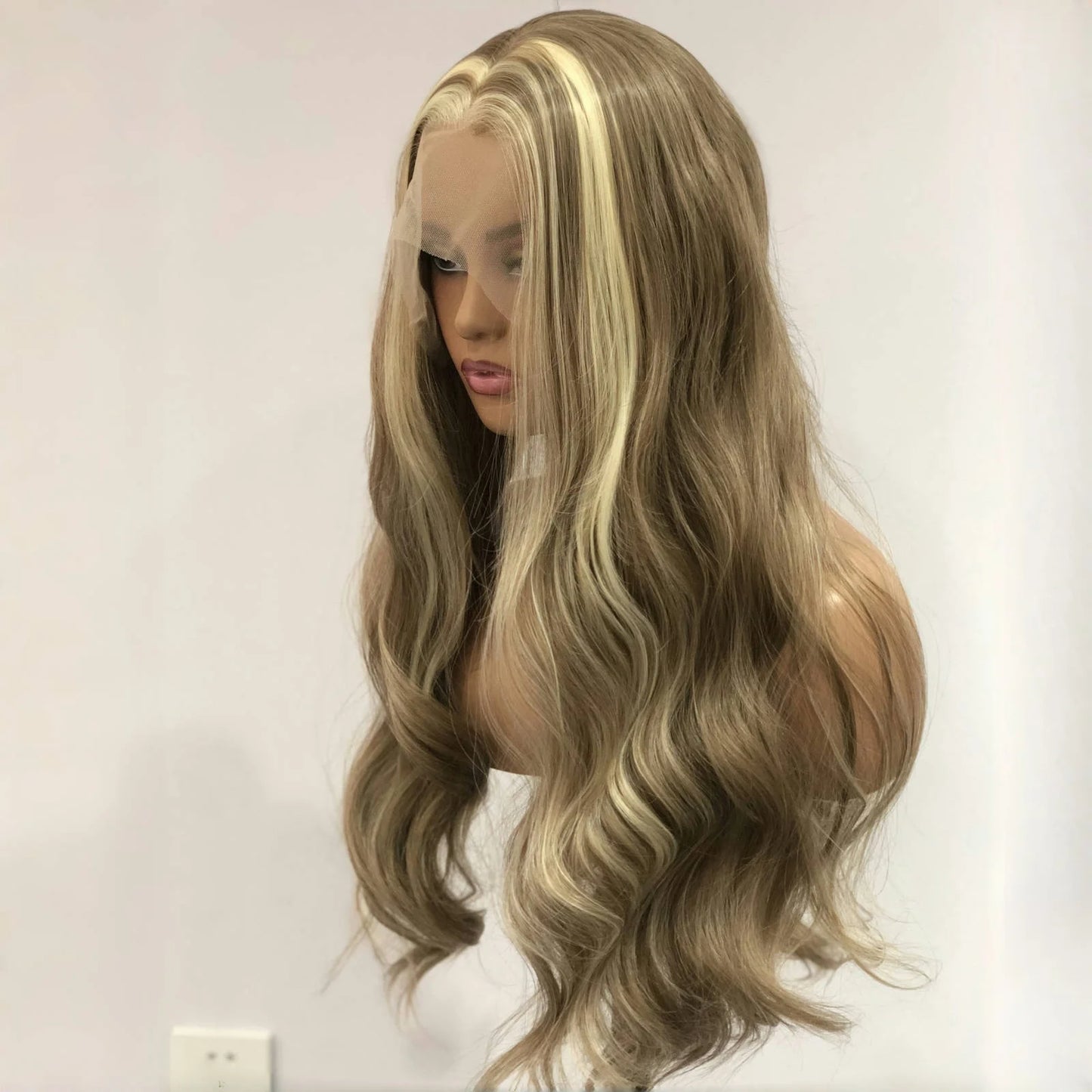 Brown Wig with Ash Blonde Highlights Synthetic Hair Long Wavy Loose Body Wave Streaks Money Piece 13X4 Frontal Wigs for Women