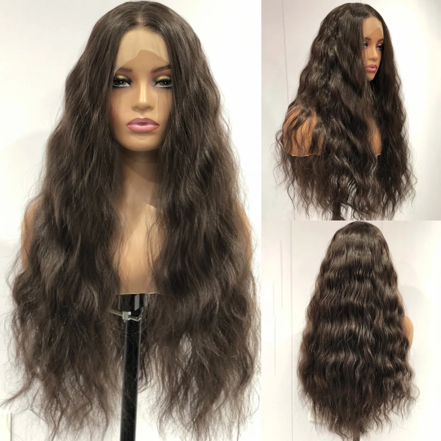 Dark Brown Wig Natural Wavy Synthetic Hair 13X4 Lace Front Wig Brunette Colored Deep Wave Long Curly Hair Frontal Wigs for Women