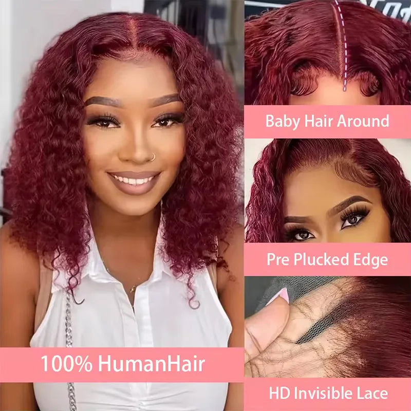 99J Colored Curly Deep Water Wave Lace Front Wig 13x4 Burgundy Remy Short Bob Frontal Human Hair Wigs Women Pre Plucked Wig 200%