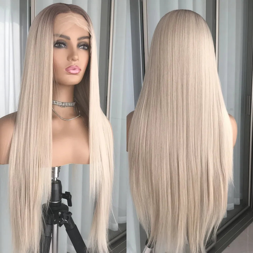 Highlight Blonde Platinum Straight Lace Front Wig Synthetic Hair for Women 13x4” Lace Frontal Wig Pre Plucked Blonde Colored Wig