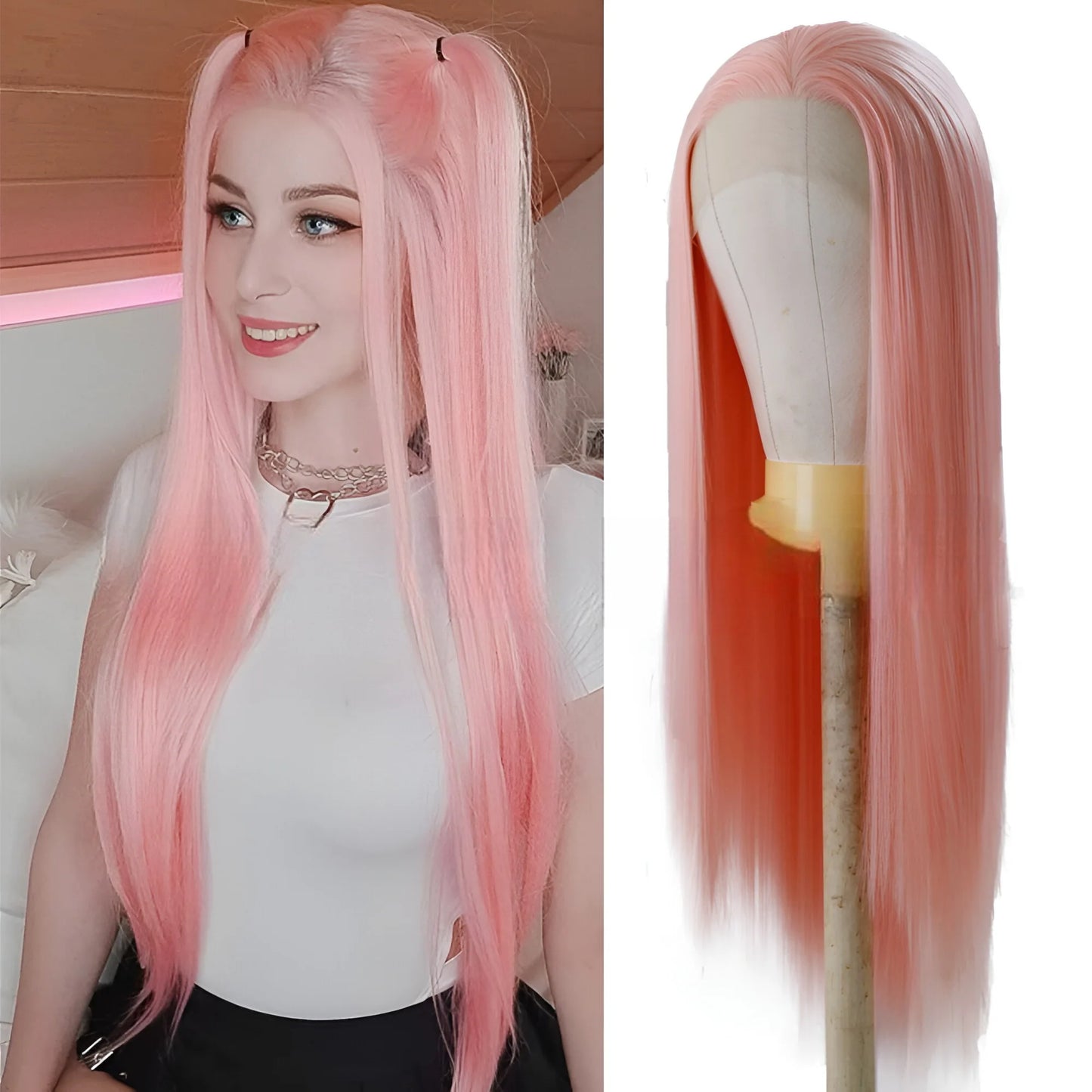 #60 Platinum Blonde Wig Synthetic Lace Front Wigs For Women Long Silky Straight Wig Lace Hair Grey Blue Pink Wig Frontal Cosplay