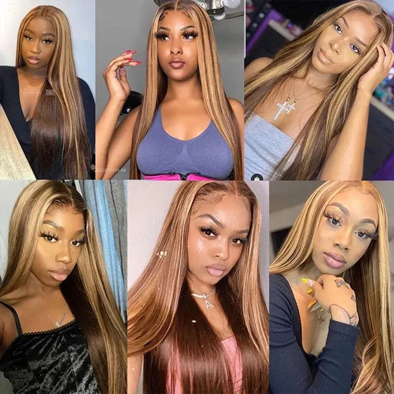 Highlight Colored Lace Front Human Hair Wigs For Women Pre Plucked 13x4 Bone Straight Transparent Lace Frontal Wig On Sale