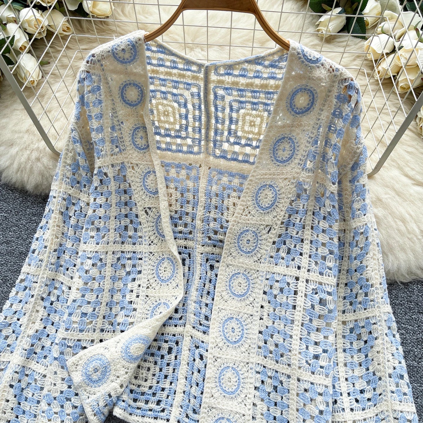 SINGREINY Vintage Boho Loose Plaid Cardigans Female Long Sleeves Hook Flower Hollow Tops 2025 Vacation Sunscreen Casual Shirt