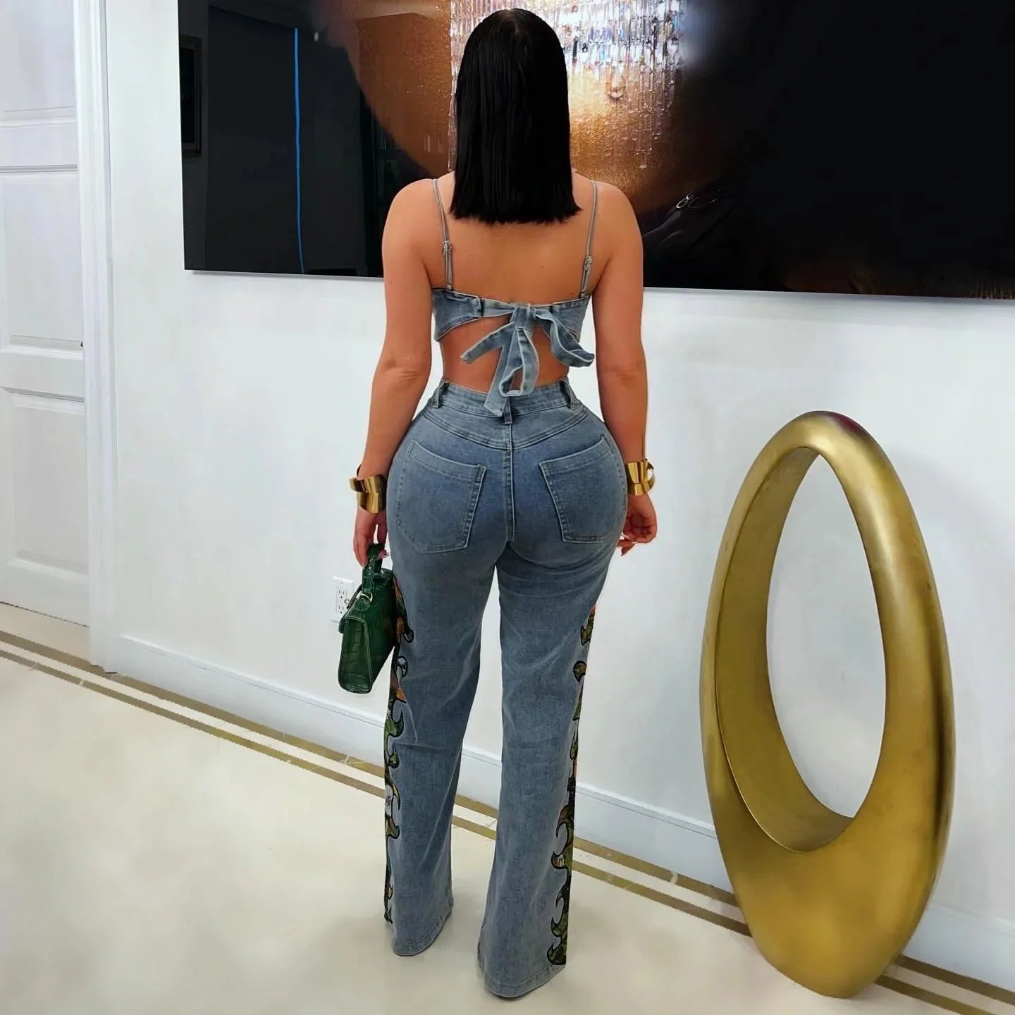 CM.YAYA Fashion Denim Women's Set Spaghetti Strap Crop Top and Wide Leg Jeans Pants Suit 2025 Holiday Two 2 Piece Set Outfit