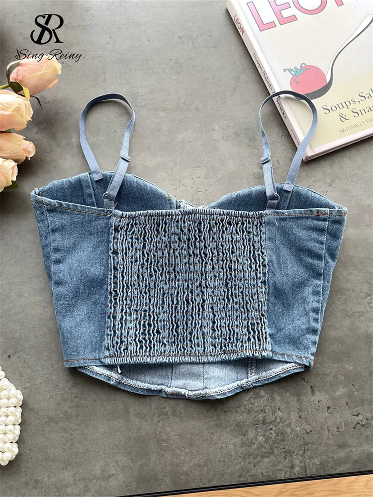 SINGREINY Fashion Women Sexy Denim Camisole Sleeveless Lace Up Skinny Tops 2024 Vintage Backless Elastics Short Streetwear Camis