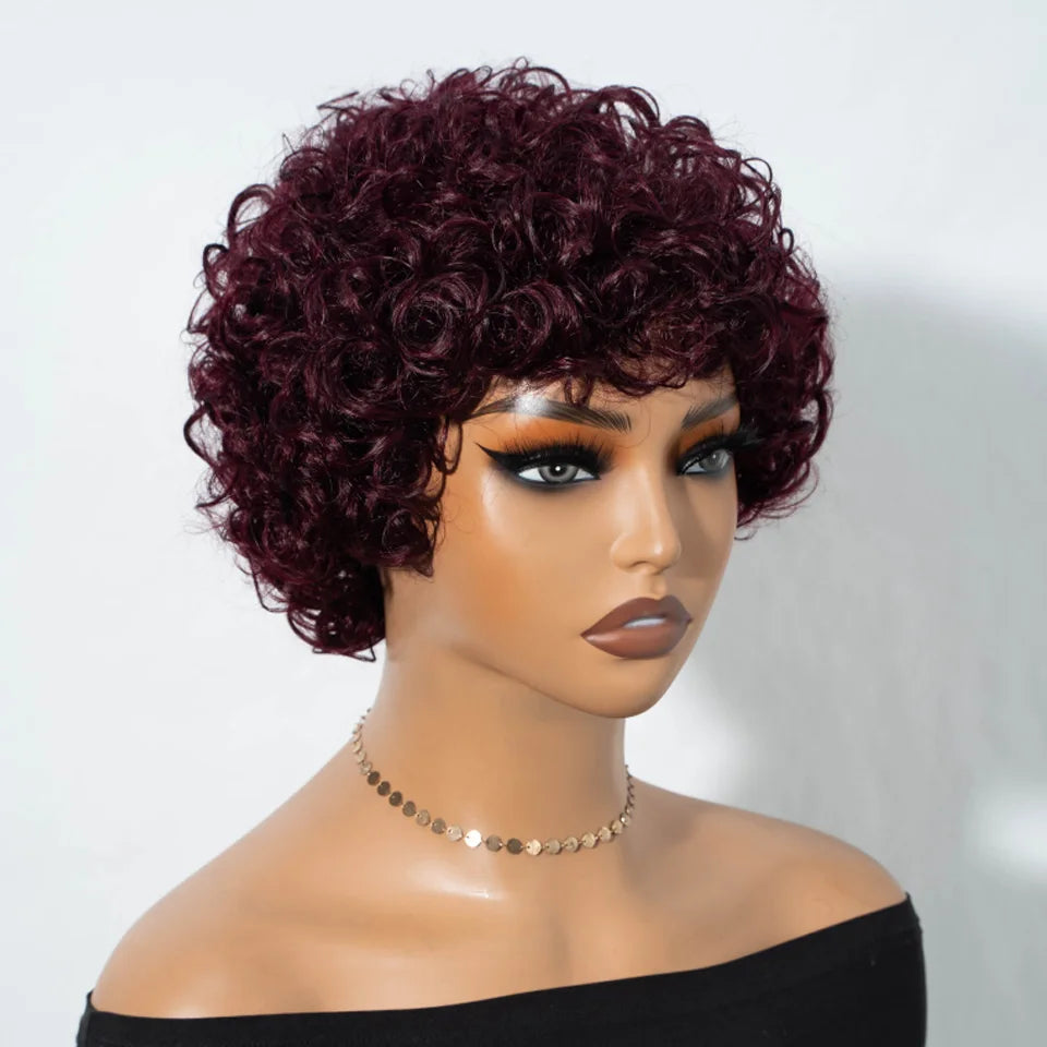 Pixie Short Afro Curly Bob Human Hair Wigs With Bangs For Women Brazilian Remy Hair Put On And Go Natural Brown Kinky Curly Wigs
