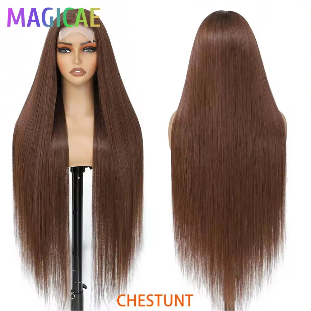 Magicae 330Grams 36Inch 4x4 Lace Front Wigs Chestnut Brown Wigs Ombre Highlight Straight Blond P27/613# High Temperature Cosplay