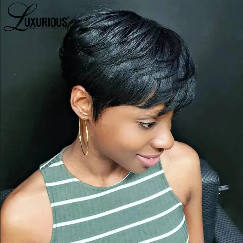 Short Bob Straight Human Hair Wig With Bangs Full Machine Made Long Pixie Cut Wig Glueless 150% Wave Wear And Go Wigs For Women