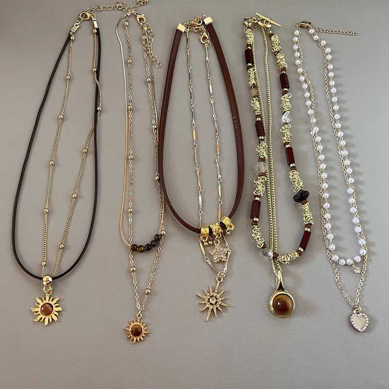 Sun Star Zircon Necklace for Women Vintage Leather Necklace Double Layered Pendant Chain Choker Fashion Jewelry
