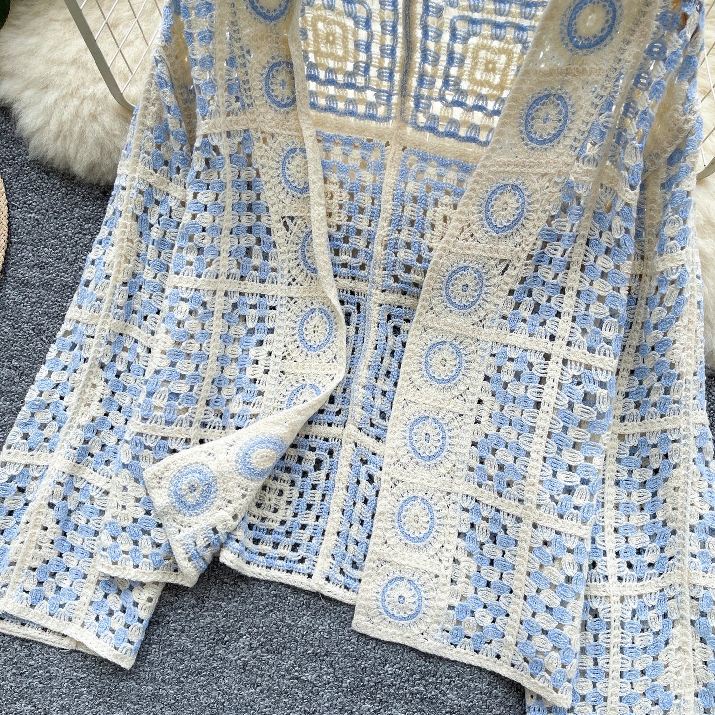 SINGREINY Vintage Boho Loose Plaid Cardigans Female Long Sleeves Hook Flower Hollow Tops 2025 Vacation Sunscreen Casual Shirt