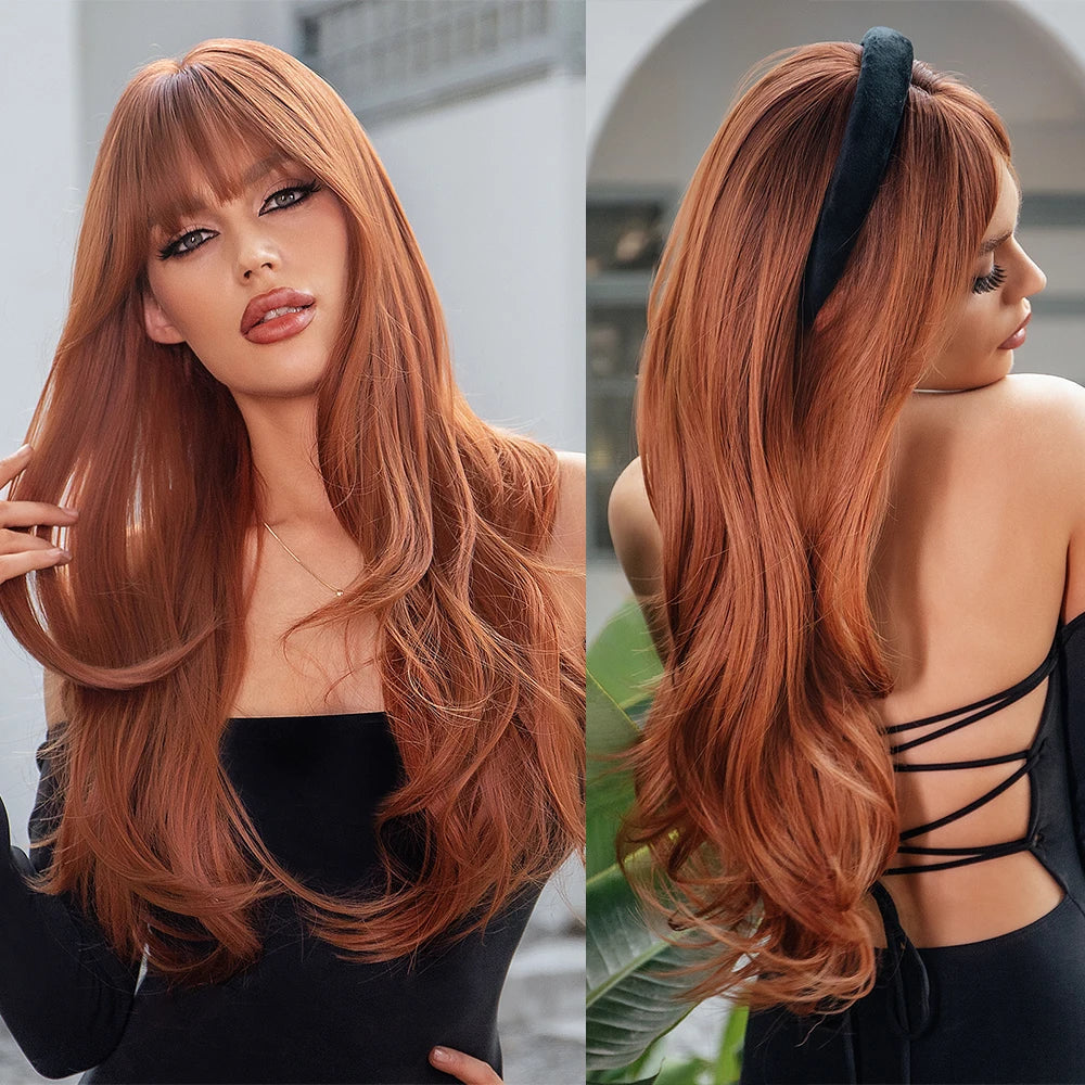GEMMA Red Brown Copper Ginger Long Straight Synthetic Wigs for Women Natural Wave Wigs with Bangs Heat Resistant Cosplay Hair