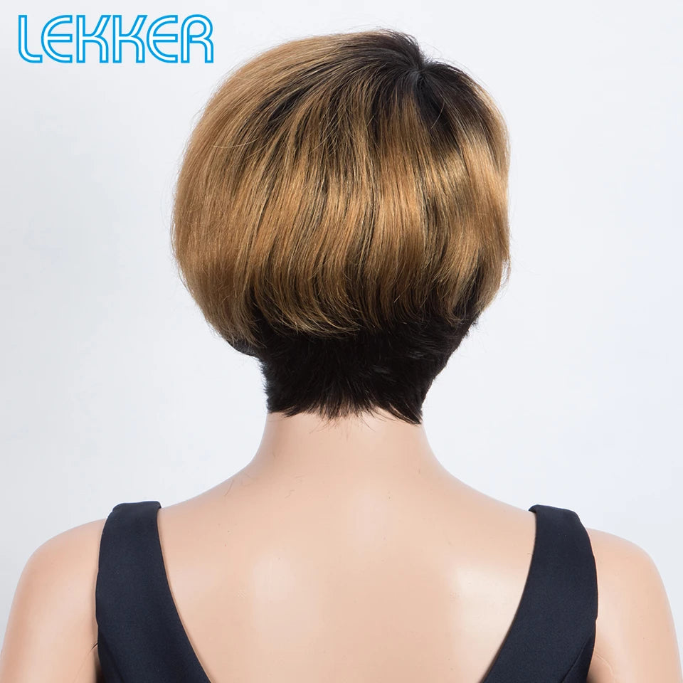 Lekker Ombre Blonde Short Pixie Cut Bob 100% Human Hair Wigs For Women Brazilian Remy Hair Full Machine Made Straight Color Wigs