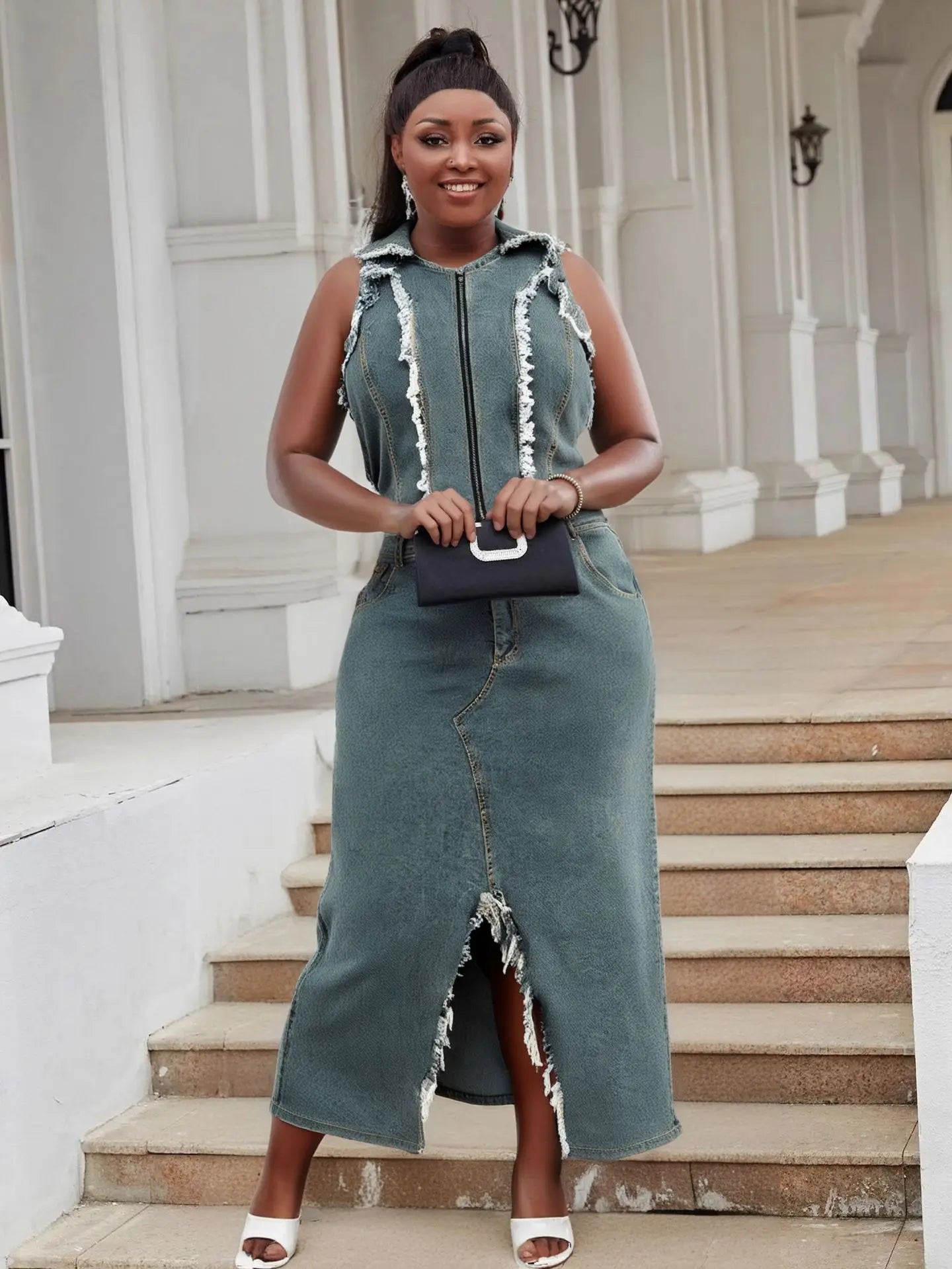 Two Piece Set Plus Size Clothes Summer Autumn V-Neck Sleeveless Denim Top And Maxi Skirt Women Sets Streetwear Office Lady Suit