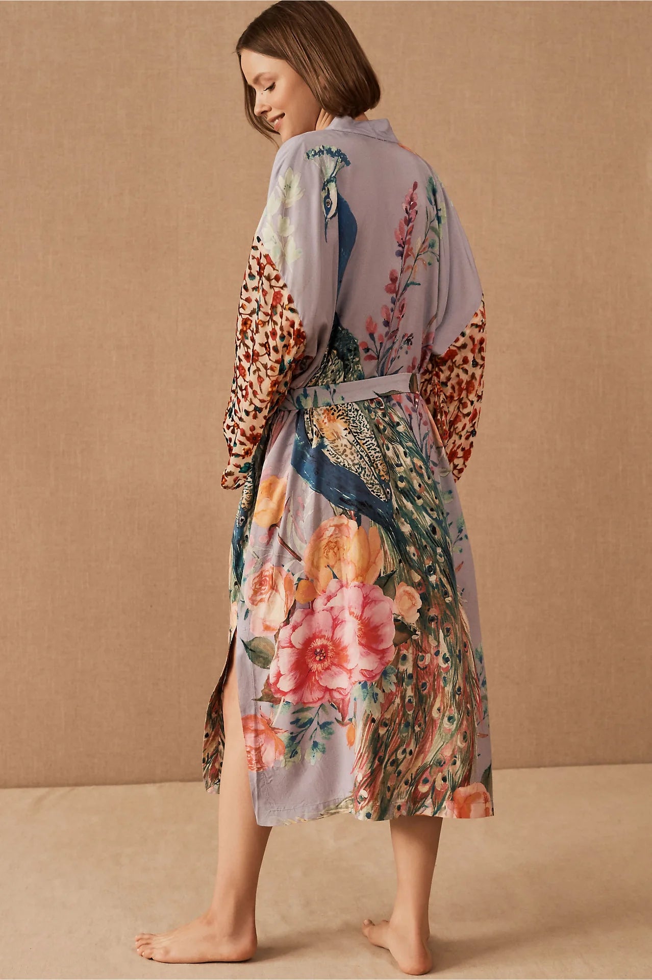 Beach Kimono for Women Peocock Printed Swimsuit Cover Up Self Belted Wrap Dresses Seaside Bathing Suits Beachwear
