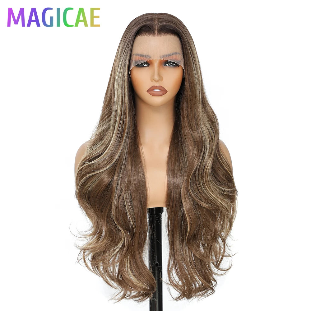 Magicae 13X4 Body Wave Lace Frontal Wigs 30inch Ombre Brown Blond 613# Bio Synthetic Heat Resistant Transparent Frontal Wigs
