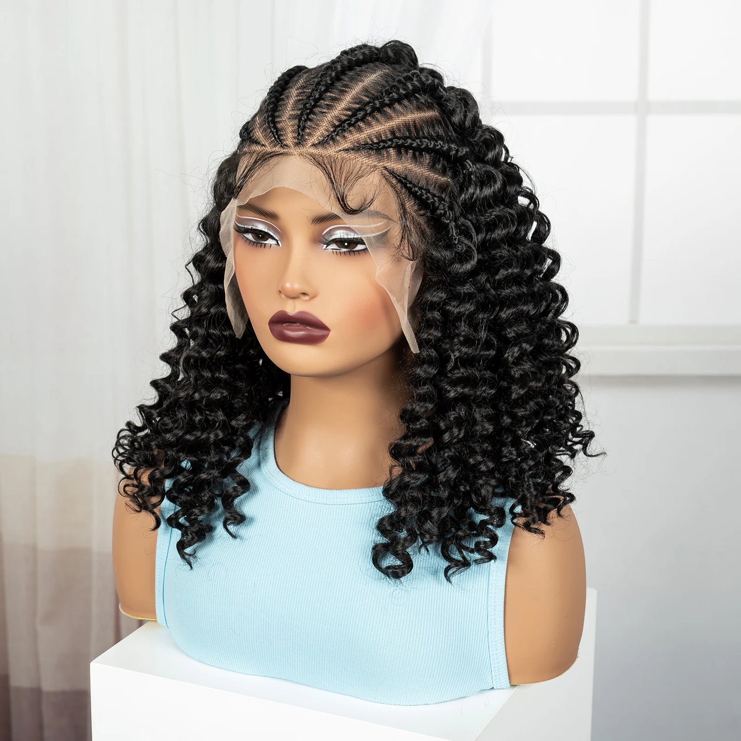 16inch 13x6 Lace Frontal Curly Hair Bob Wigs with Cornrow Braids Synthetic Deep Wave Brazilian Remy Hair Wigs for Black Women