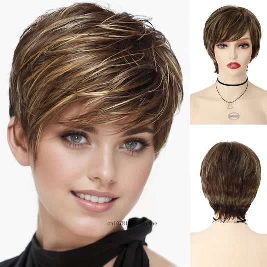 Short Pixie Cut Wig for Women Natural Haircut Brown Mix Blonde Wig with Bangs Daily Cosplay Halloween Party Casual Ladies Wigs