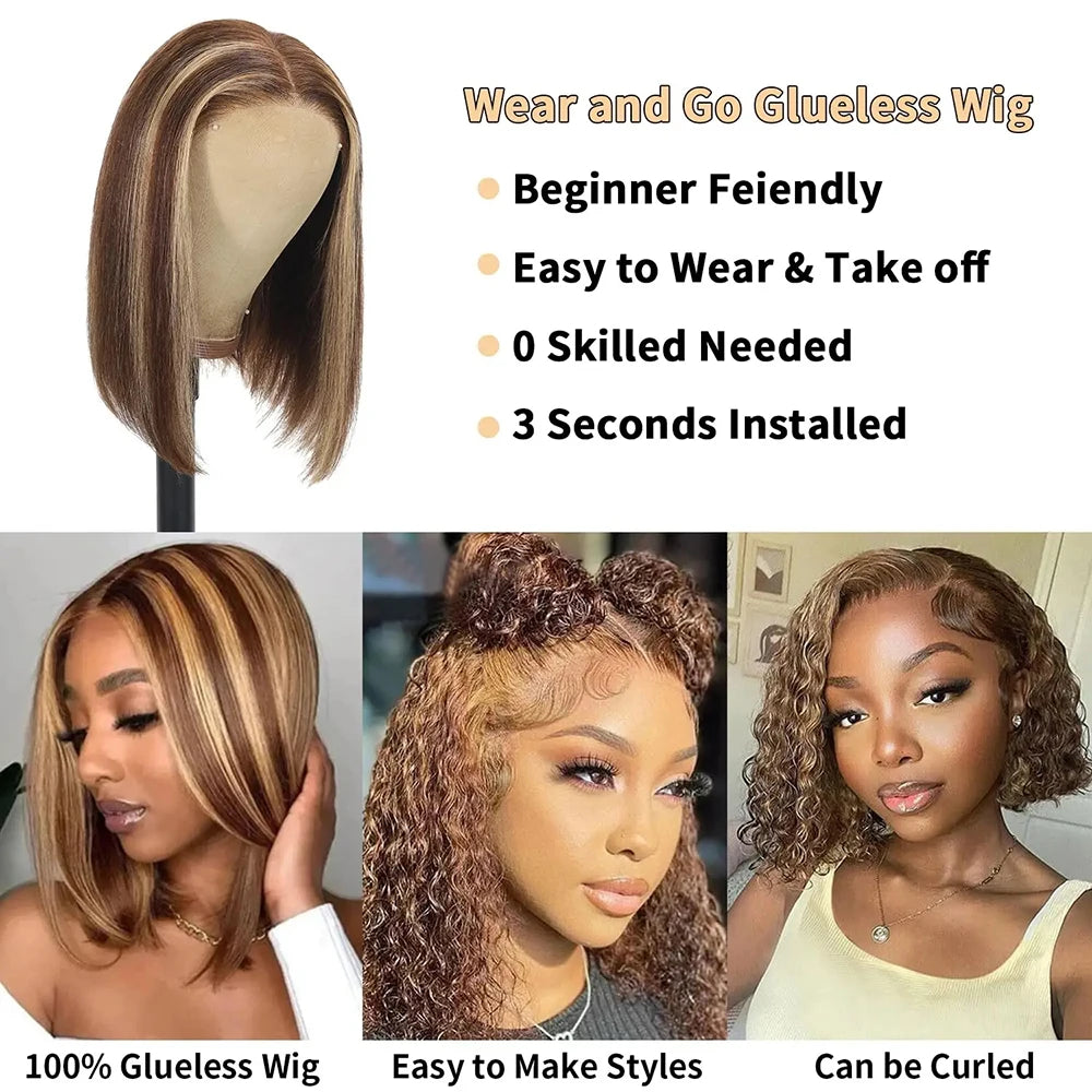 Straight Highlight Glueless Wigs Human Hair Ready To Wear 6X4 Lace Frontal Honey Blonde Short Bob Brazilian Human Hair Wig
