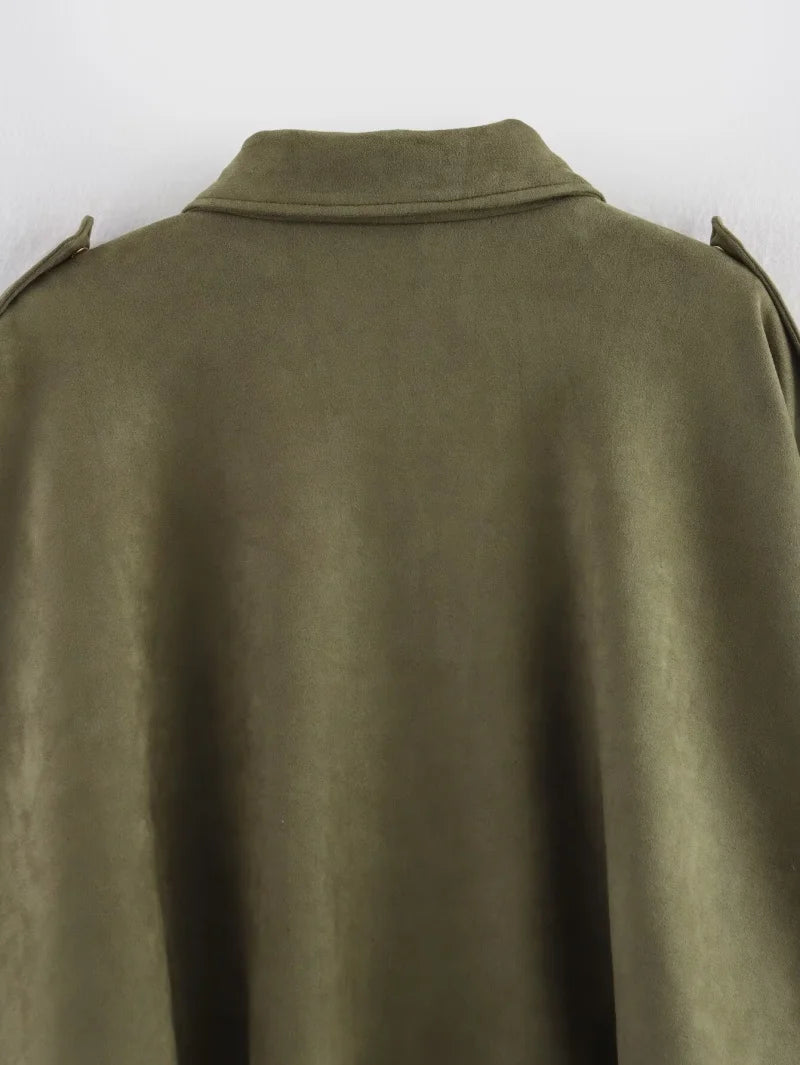 ETJ 2025  Spring new women's suede texture effect Loose version of fashion lapel shoulder bomber jacket