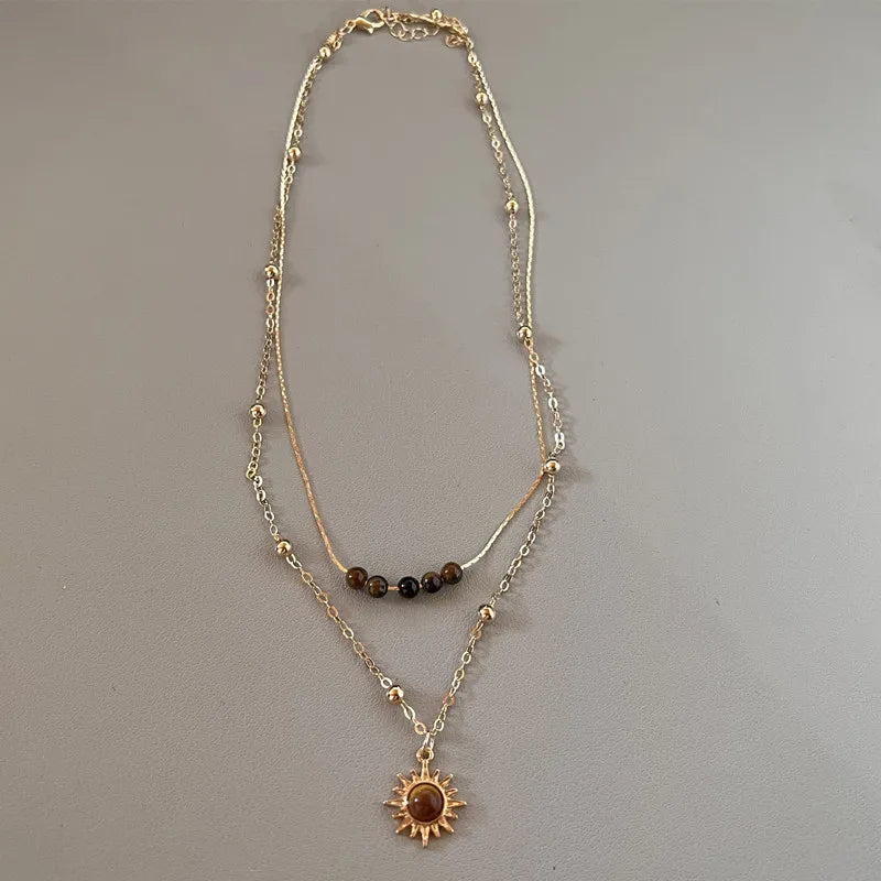 Sun Star Zircon Necklace for Women Vintage Leather Necklace Double Layered Pendant Chain Choker Fashion Jewelry