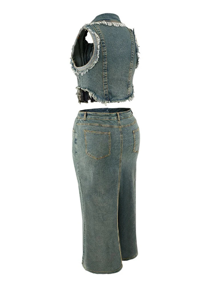 Plus Size 2-Piece Women's Summer Outfit Sleeveless Top And Blue Denim Skirt Set Elegant Lady Dress Wholesale Dropshipping