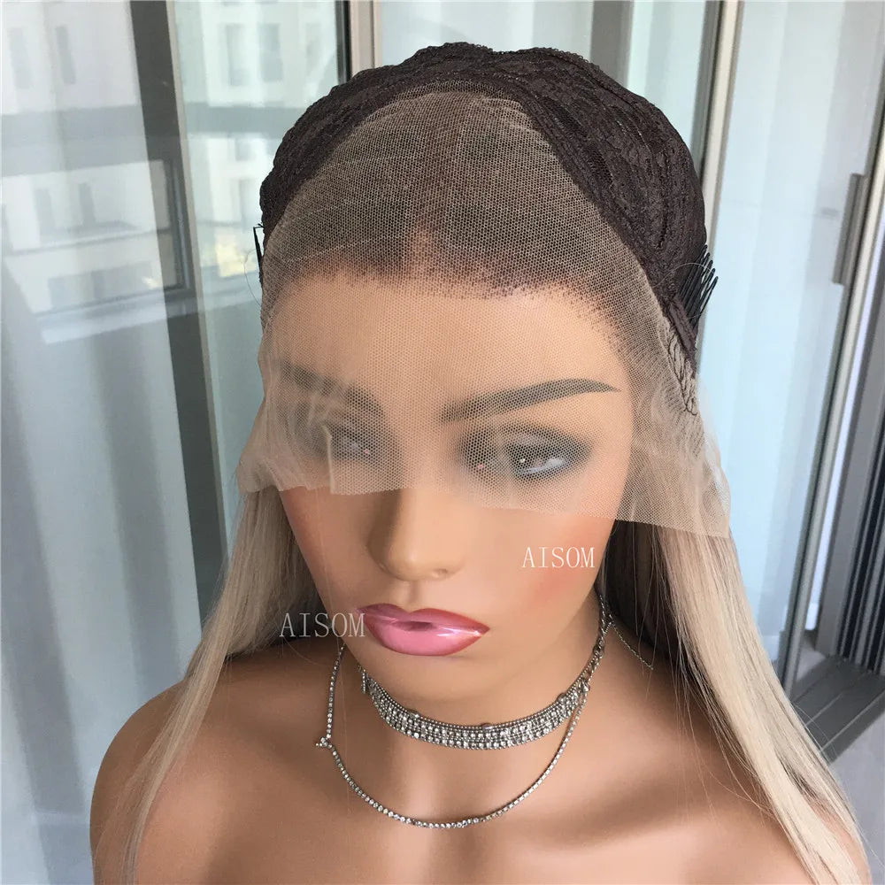 Highlight Blonde Platinum Straight Lace Front Wig Synthetic Hair for Women 13x4” Lace Frontal Wig Pre Plucked Blonde Colored Wig