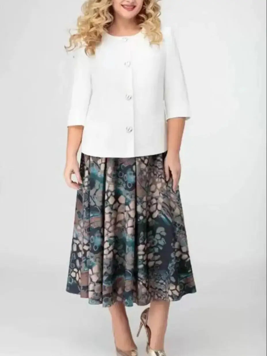 Plus size European and American oversized women's two-piece set with elegant heavy-duty design, printed dress with 3/4 sleeves