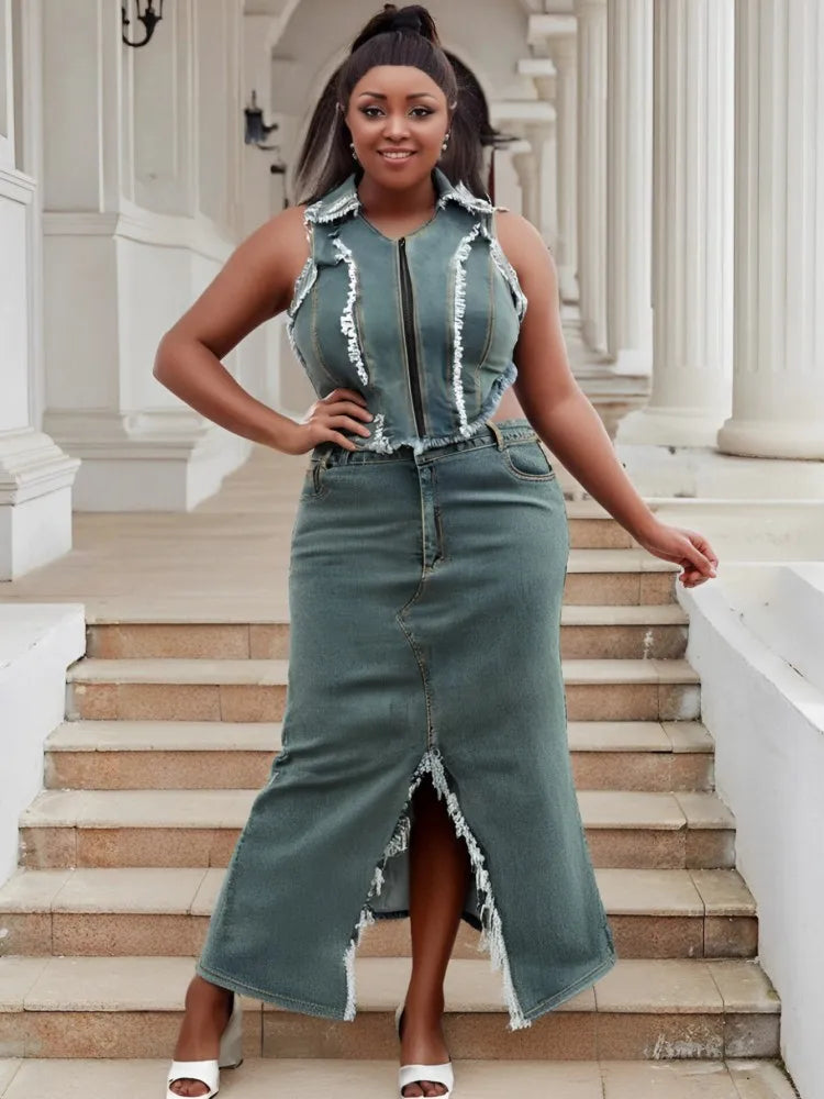 Two Piece Set Plus Size Clothes Summer Autumn V-Neck Sleeveless Denim Top And Maxi Skirt Women Sets Streetwear Office Lady Suit