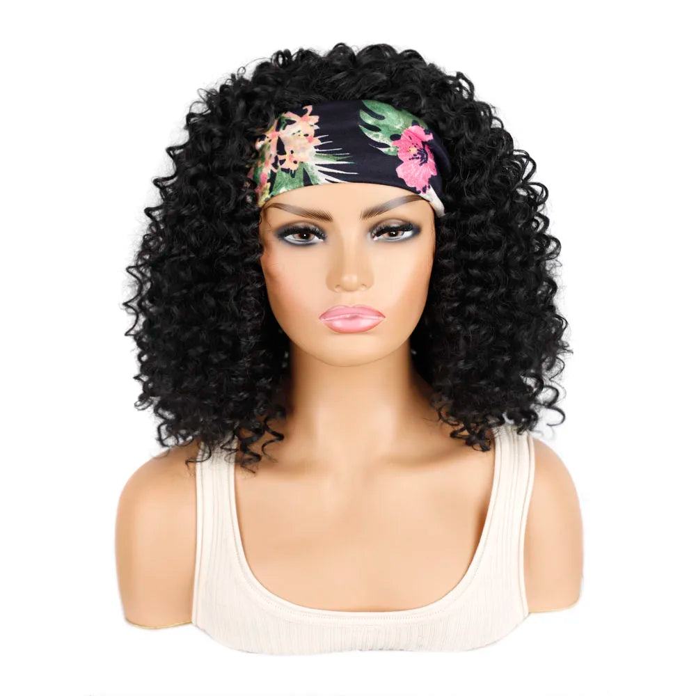 18 Inch Kinky Curly Headband Wig Ombre Afro Curly Wig with Scarf Natural Synthetic Fluffy Curly Turban Wigs for Women Cosplay