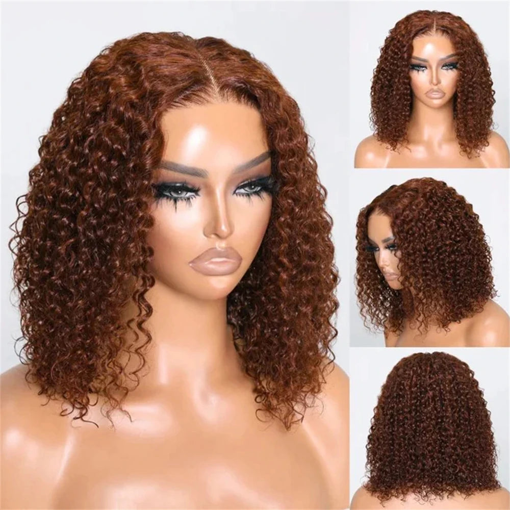 Brown #4 Colored Curly Short Bob Wig 13x4 Bob Wigs Brazilian Water Deep Wave Human Hair Wig Preplucked For Woman Short Pixie Cut