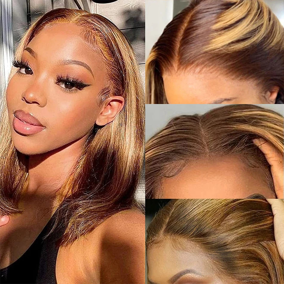 Straight Highlight Glueless Wigs Human Hair Ready To Wear 6X4 Lace Frontal Honey Blonde Short Bob Brazilian Human Hair Wig