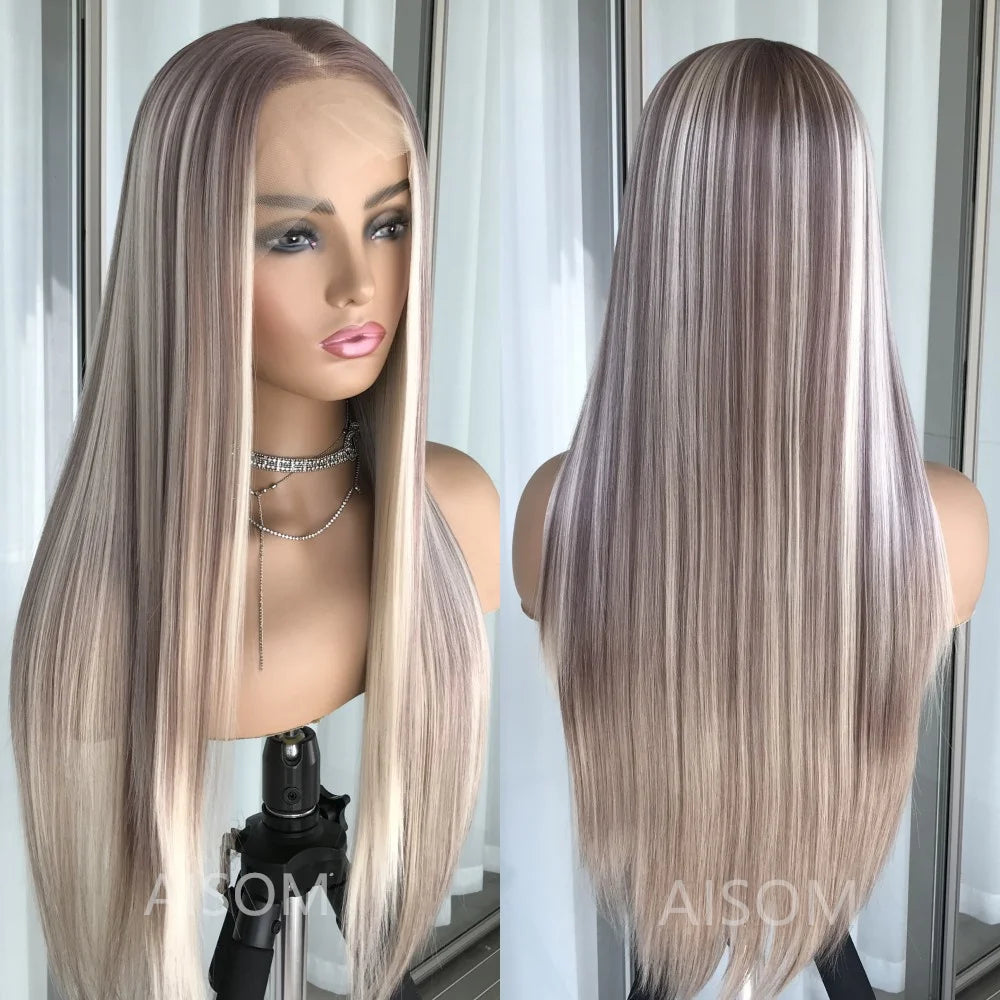 Highlight Blonde Platinum Straight Lace Front Wig Synthetic Hair for Women 13x4” Lace Frontal Wig Pre Plucked Blonde Colored Wig