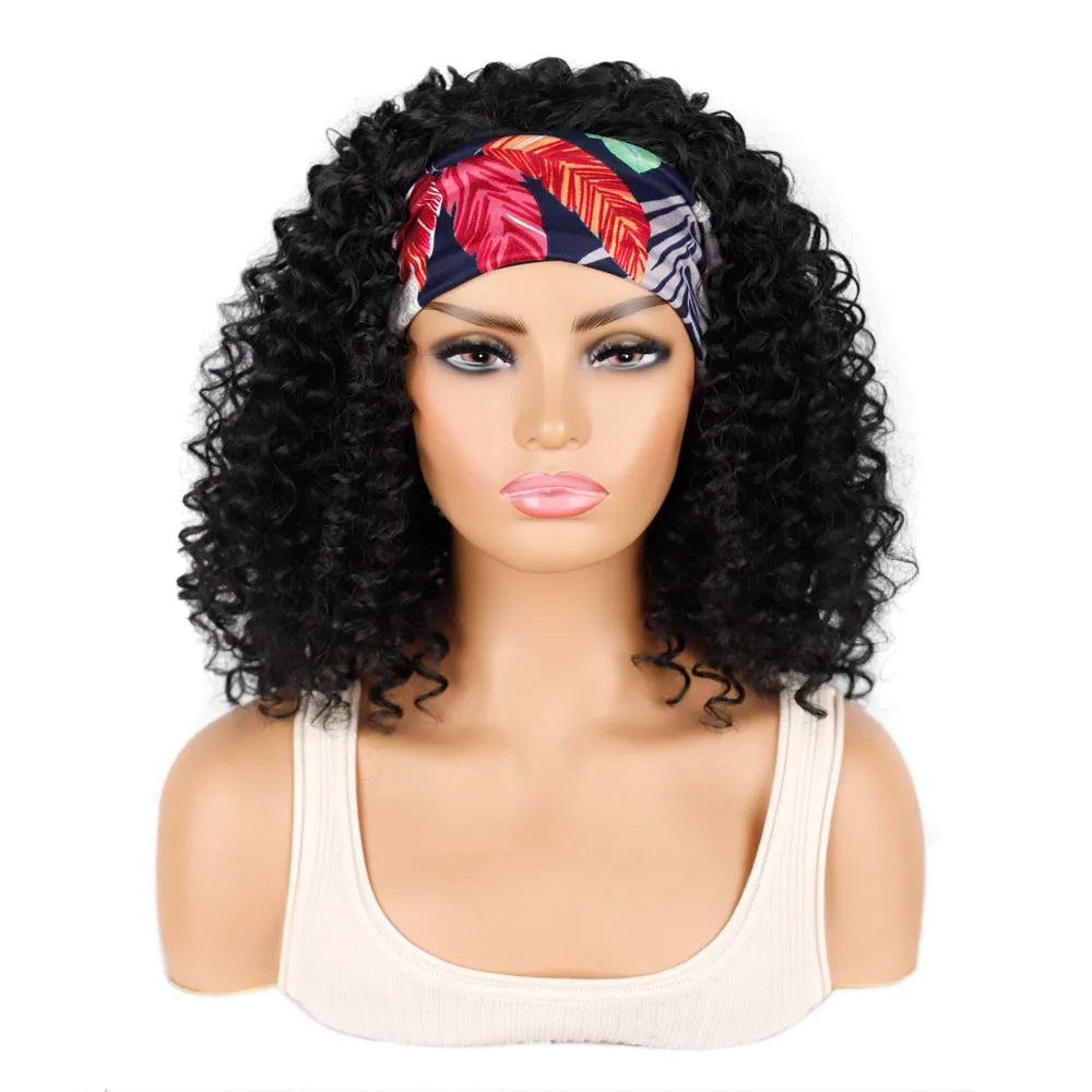18 Inch Kinky Curly Headband Wig Ombre Afro Curly Wig with Scarf Natural Synthetic Fluffy Curly Turban Wigs for Women Cosplay