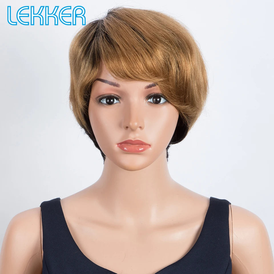 Lekker Ombre Blonde Short Pixie Cut Bob 100% Human Hair Wigs For Women Brazilian Remy Hair Full Machine Made Straight Color Wigs