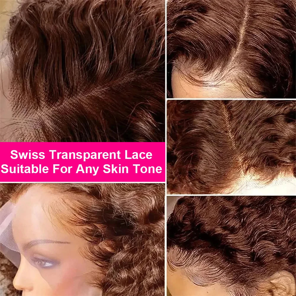 Brown #4 Colored Curly Short Bob Wig 13x4 Bob Wigs Brazilian Water Deep Wave Human Hair Wig Preplucked For Woman Short Pixie Cut